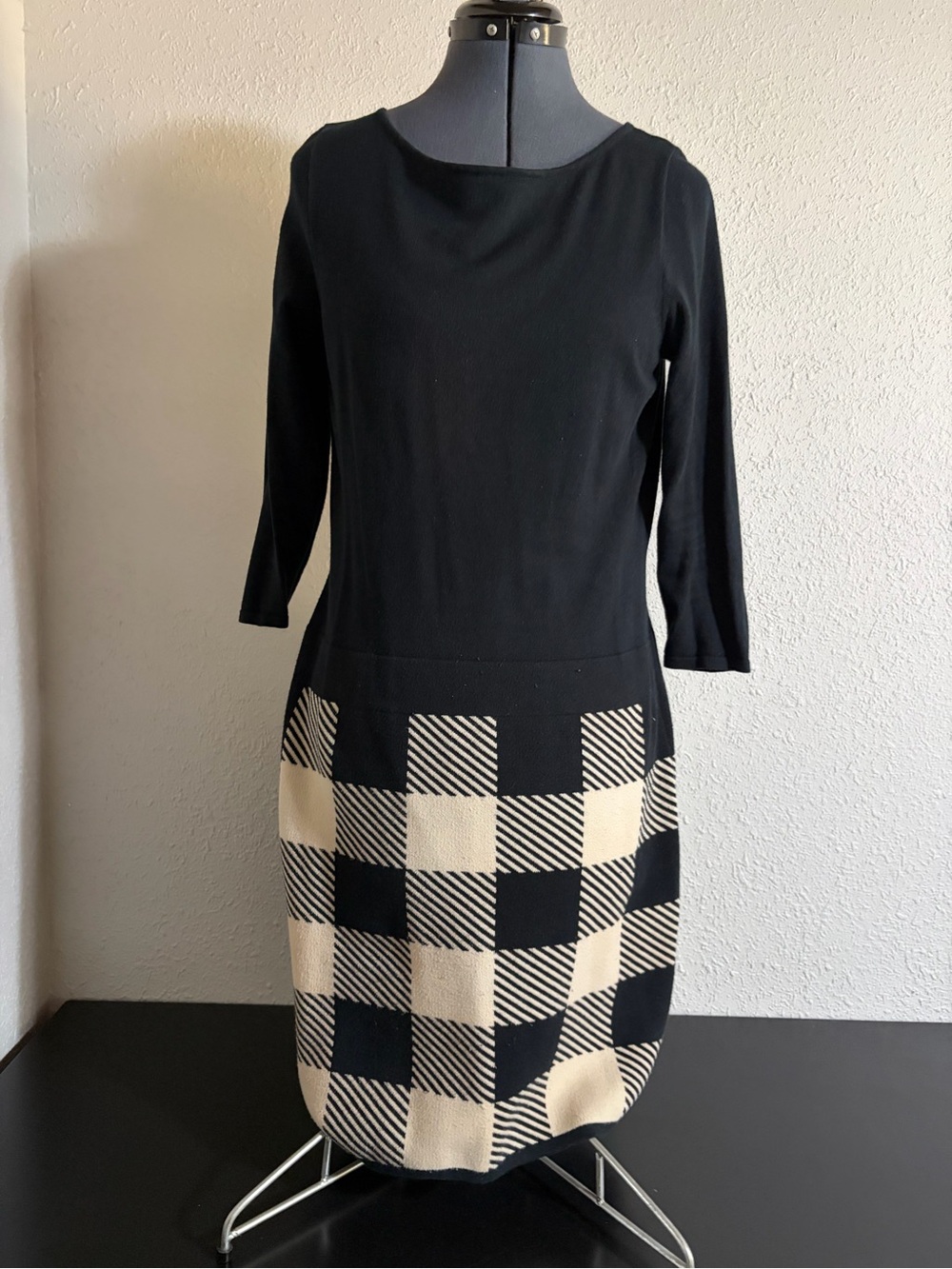 Ralph Lauren Black and Cream Long-Sleeve Check Sheath Dress